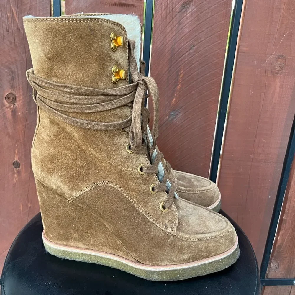 VERONICA BEARD Ananya Water Repellent/Shearling Suede Boot in tan size 10